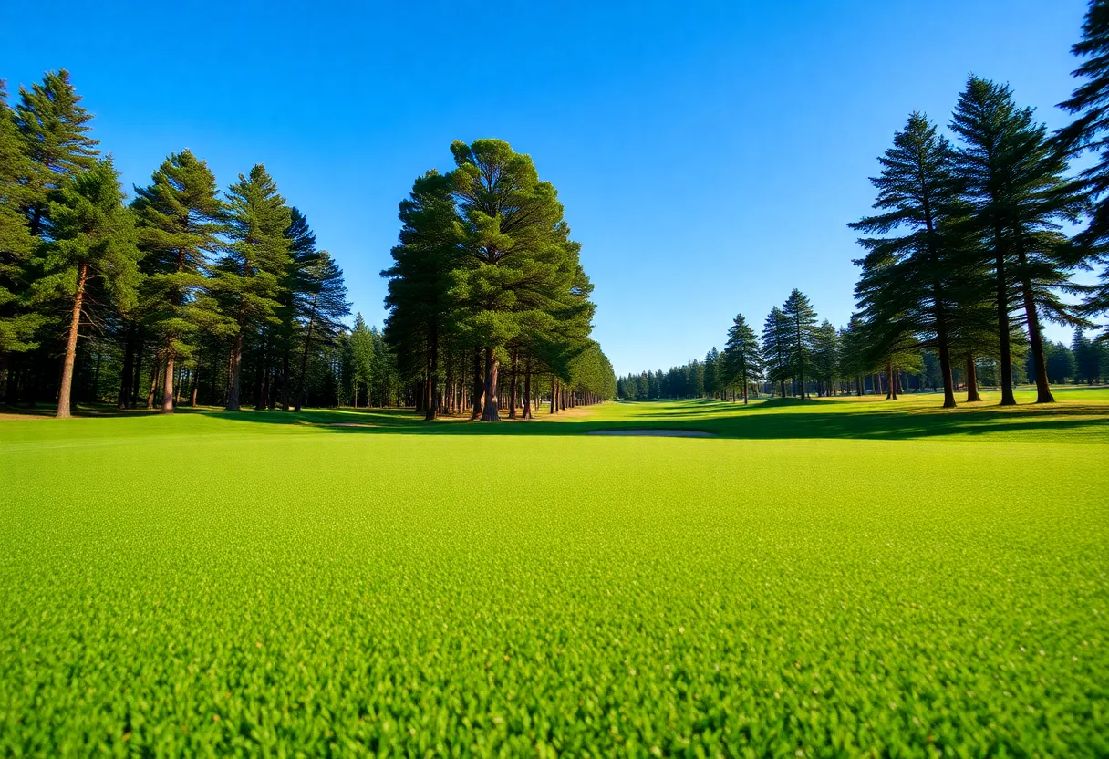 Close-up view of a beautifully manicured golf course with lush green grass and natural scenery