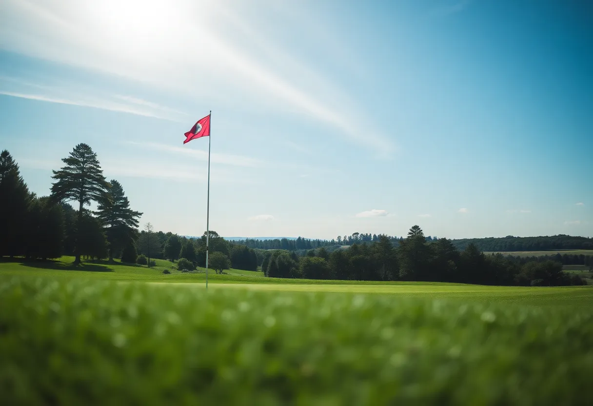 Close-up view of a beautiful golf course featuring lush greens and regional flora.