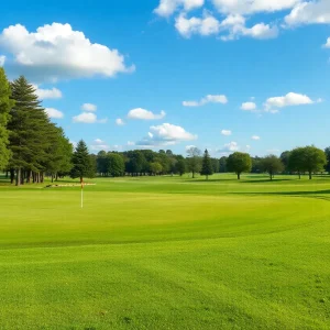 A close-up view of a beautiful golf course featuring lush greens and scenic landscapes.