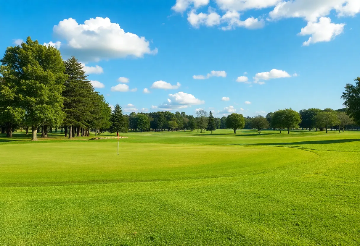 A close-up view of a beautiful golf course featuring lush greens and scenic landscapes.