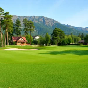 Close up view of a beautiful golf course showcasing the manicured greens.