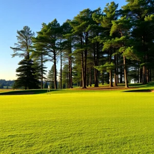 A stunning view of a beautiful golf course with water and trees