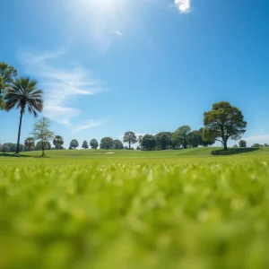 Close up detail of a beautiful golf course showcasing its manicured greens.