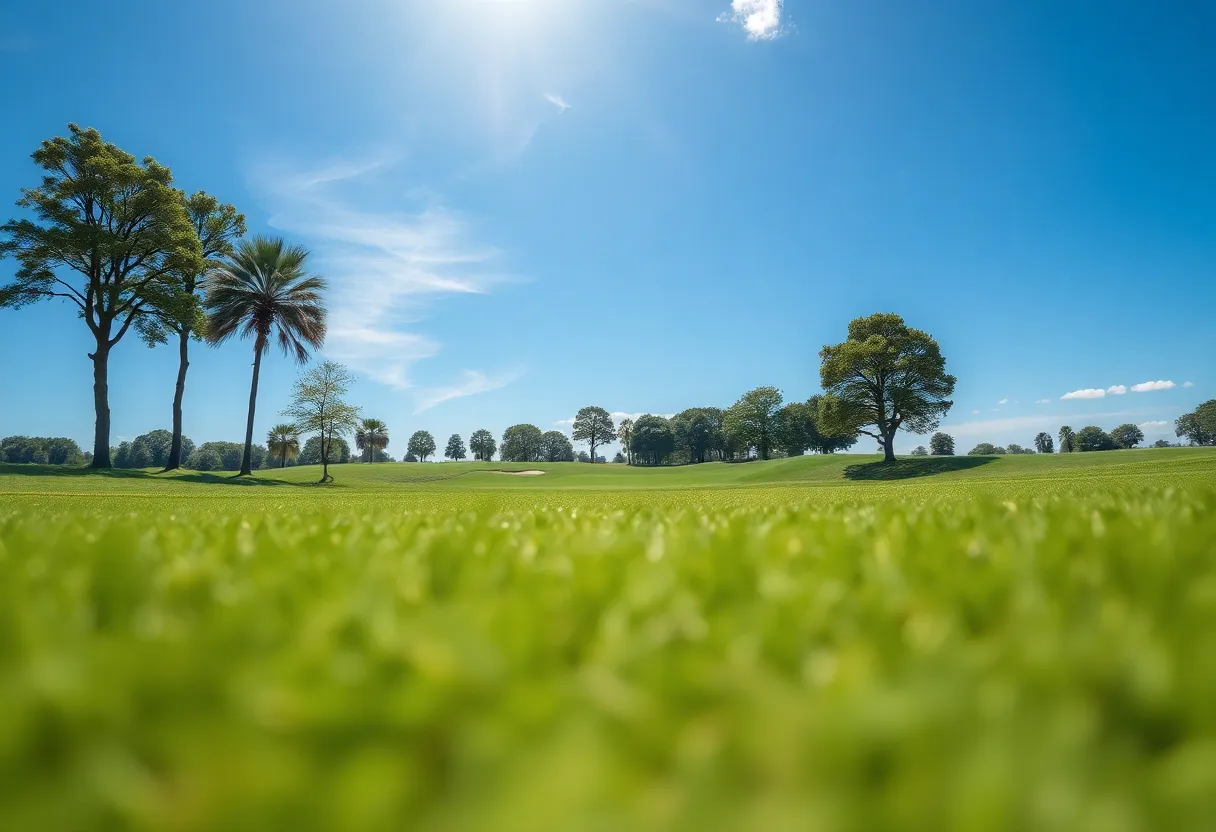 Close up detail of a beautiful golf course showcasing its manicured greens.