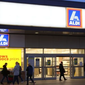 Exterior of a converted Aldi grocery store with shoppers