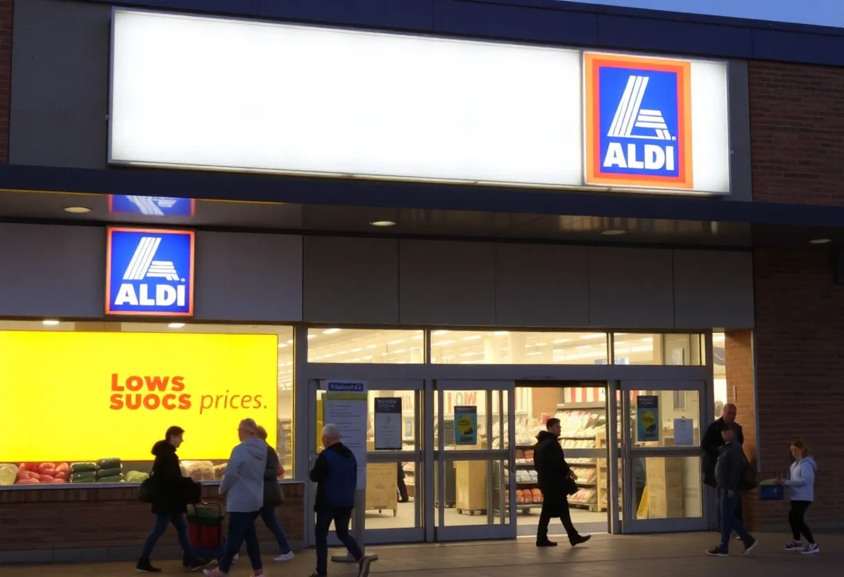 Exterior of a converted Aldi grocery store with shoppers