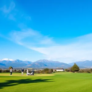 A scenic view of a golf course with golfers enjoying their game.