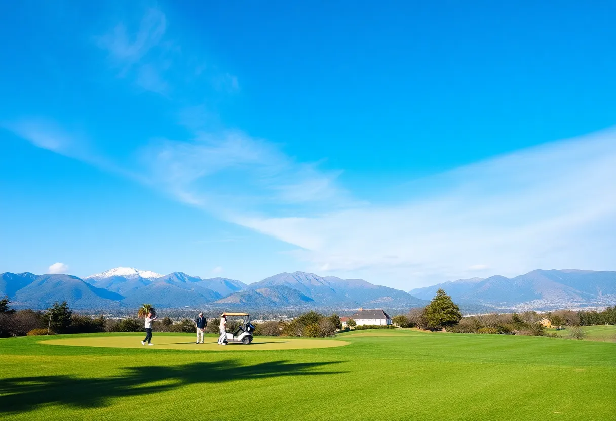 A scenic view of a golf course with golfers enjoying their game.