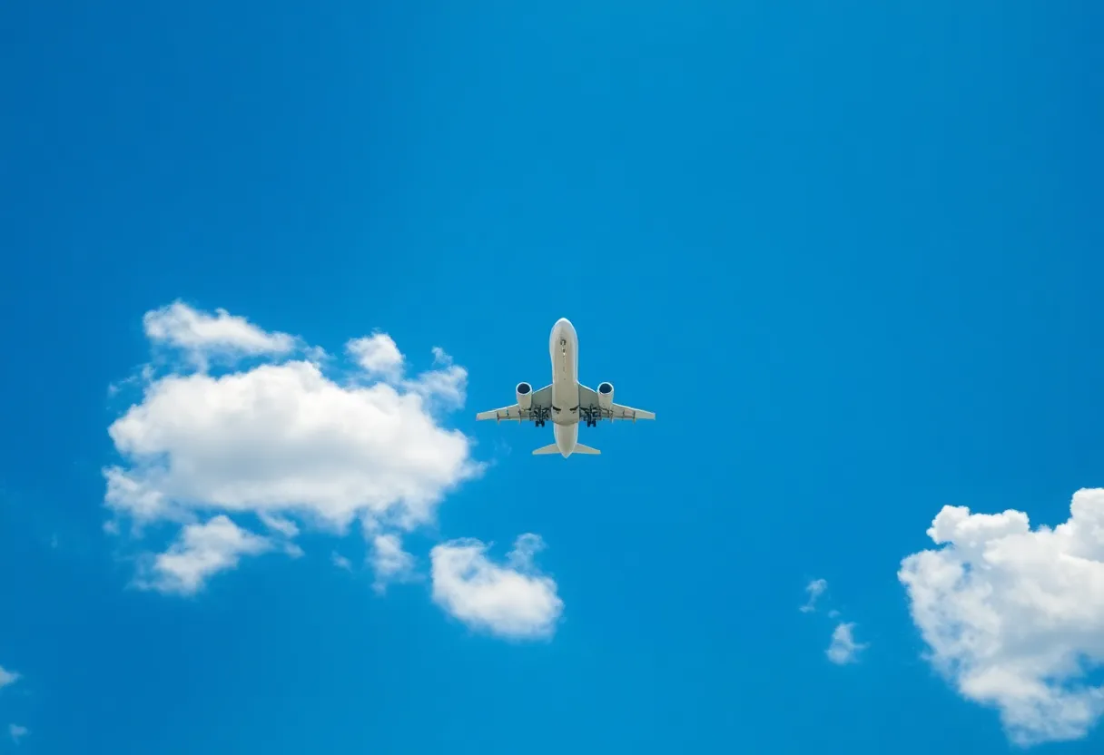 An airplane taking off against a clear sky