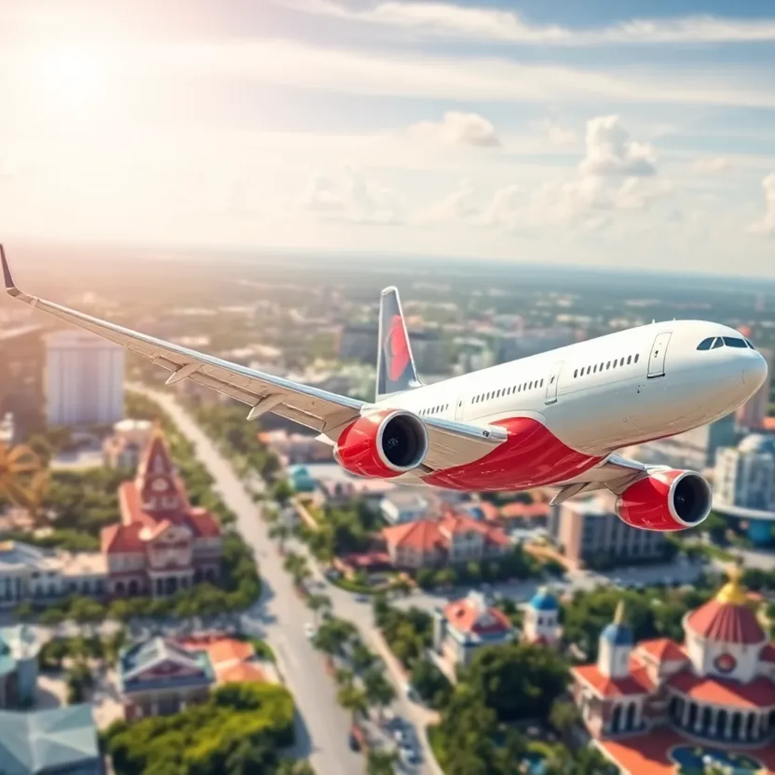 An airplane flying over Orlando, Florida, with attractions in the background.