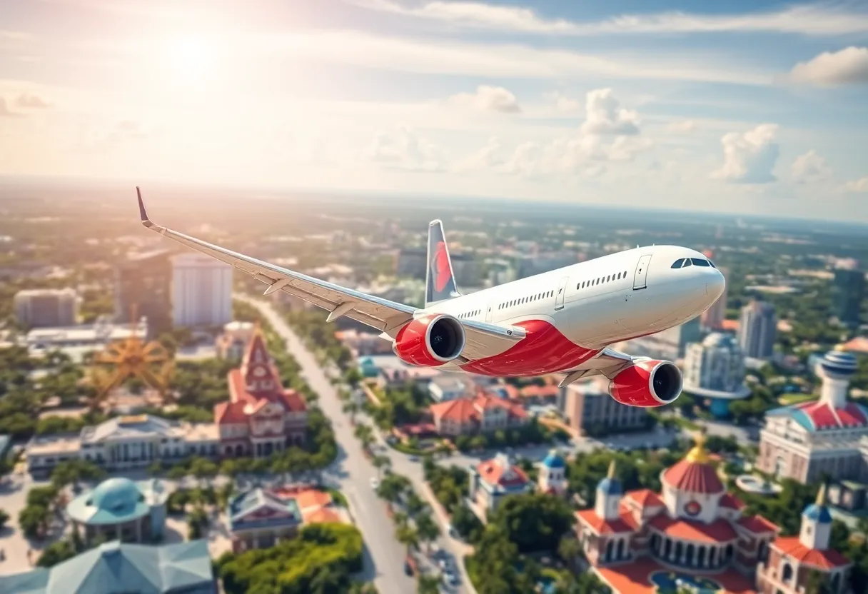 An airplane flying over Orlando, Florida, with attractions in the background.