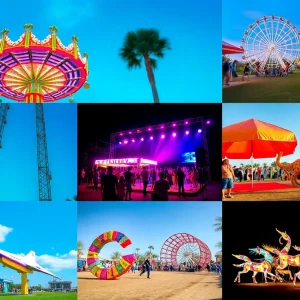 Collage of events in Central Florida featuring a fair, music festival, and art installations.