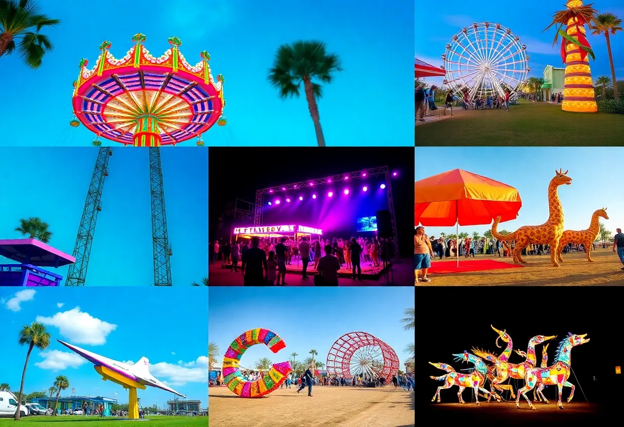 Collage of events in Central Florida featuring a fair, music festival, and art installations.