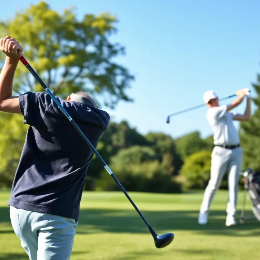 A young golfer practicing on a bright sunny day on a golf course.