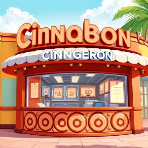 Cinnabon kiosk showcasing fresh pastries at Universal CityWalk Orlando