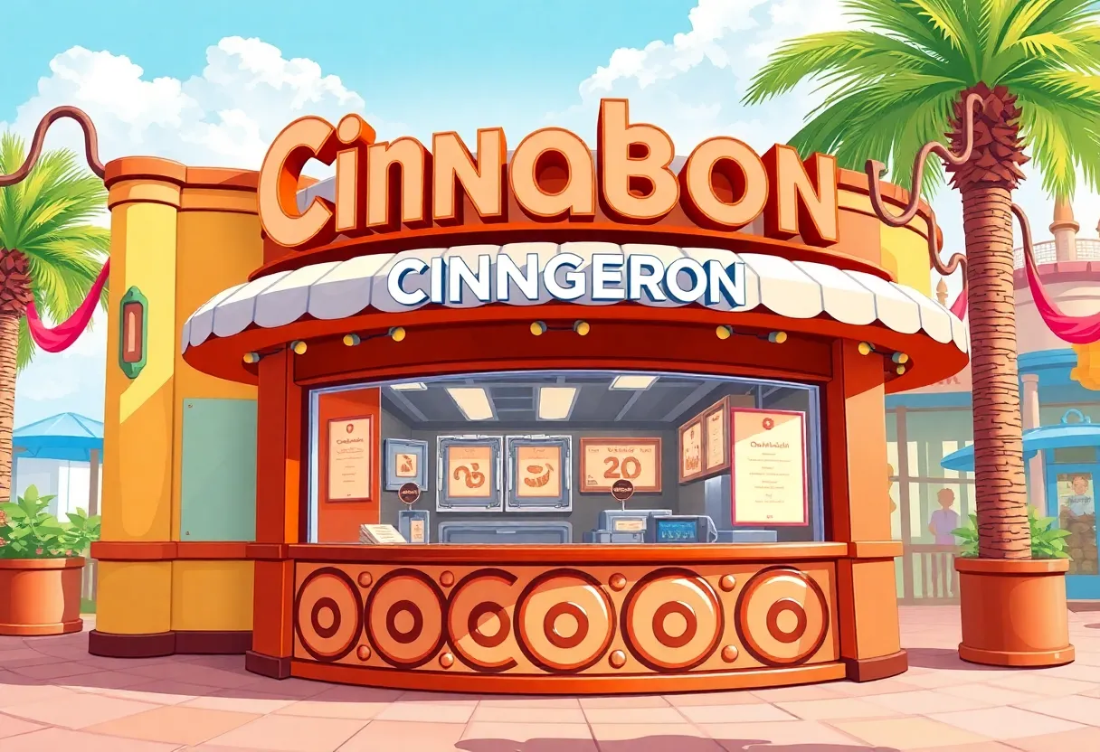 Cinnabon kiosk showcasing fresh pastries at Universal CityWalk Orlando