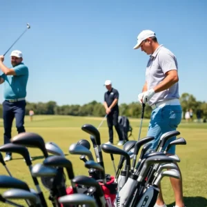 Golf professional with rental clubs at a tournament