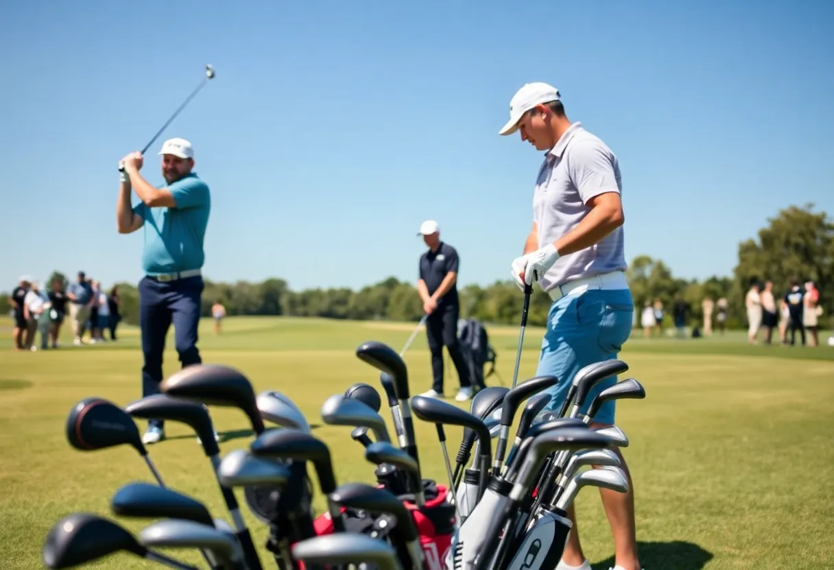 Golf professional with rental clubs at a tournament