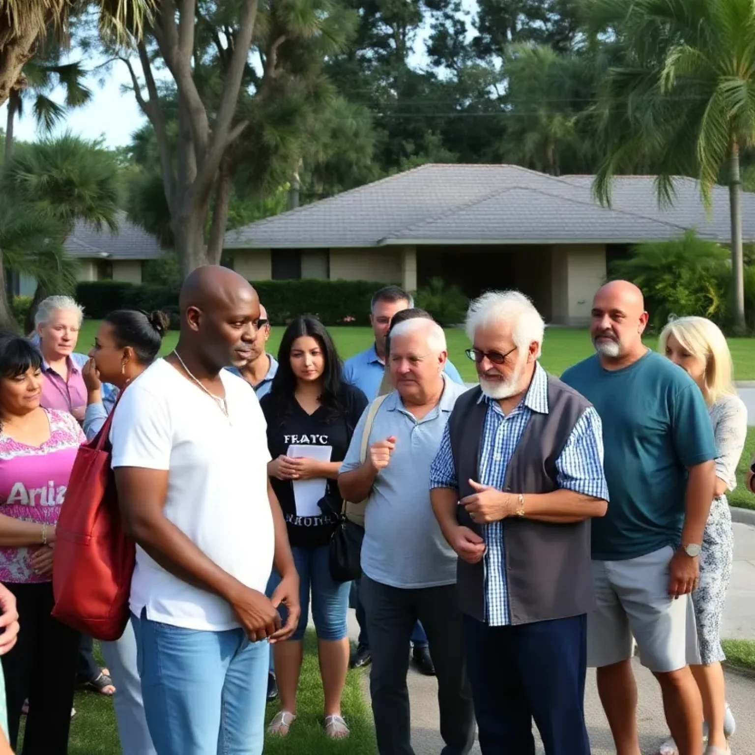 Community members gathering to search for a missing elderly man in a Florida neighborhood