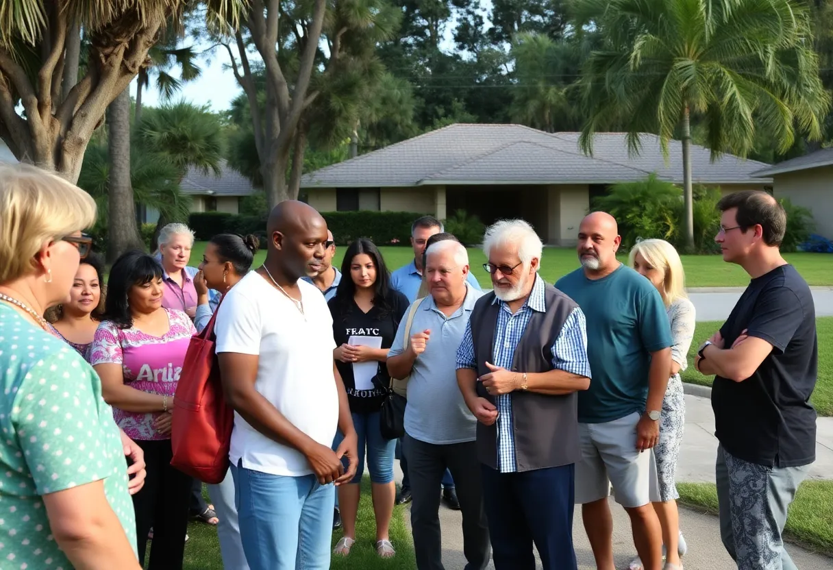 Community members gathering to search for a missing elderly man in a Florida neighborhood