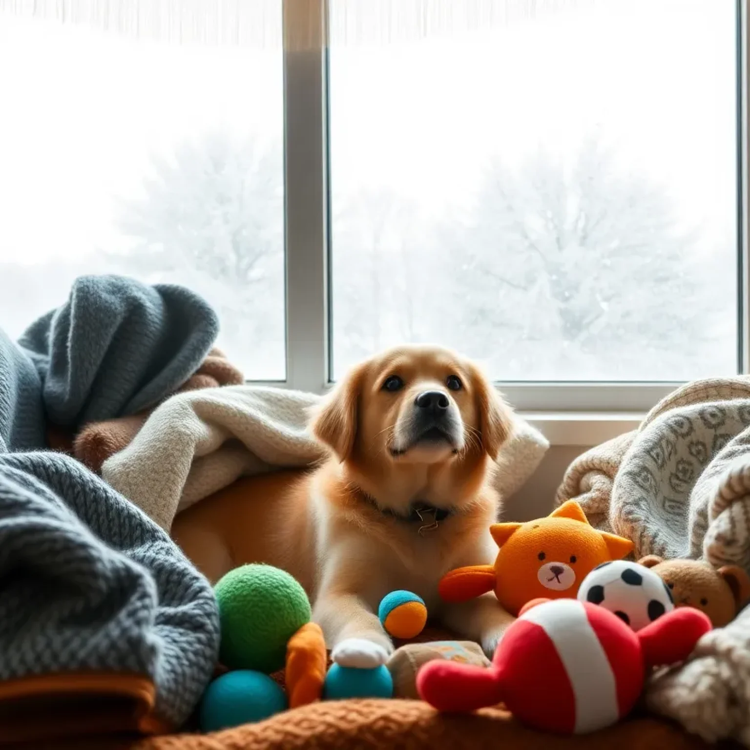 A pet snuggling in a warm environment while stormy weather is visible outside the window.