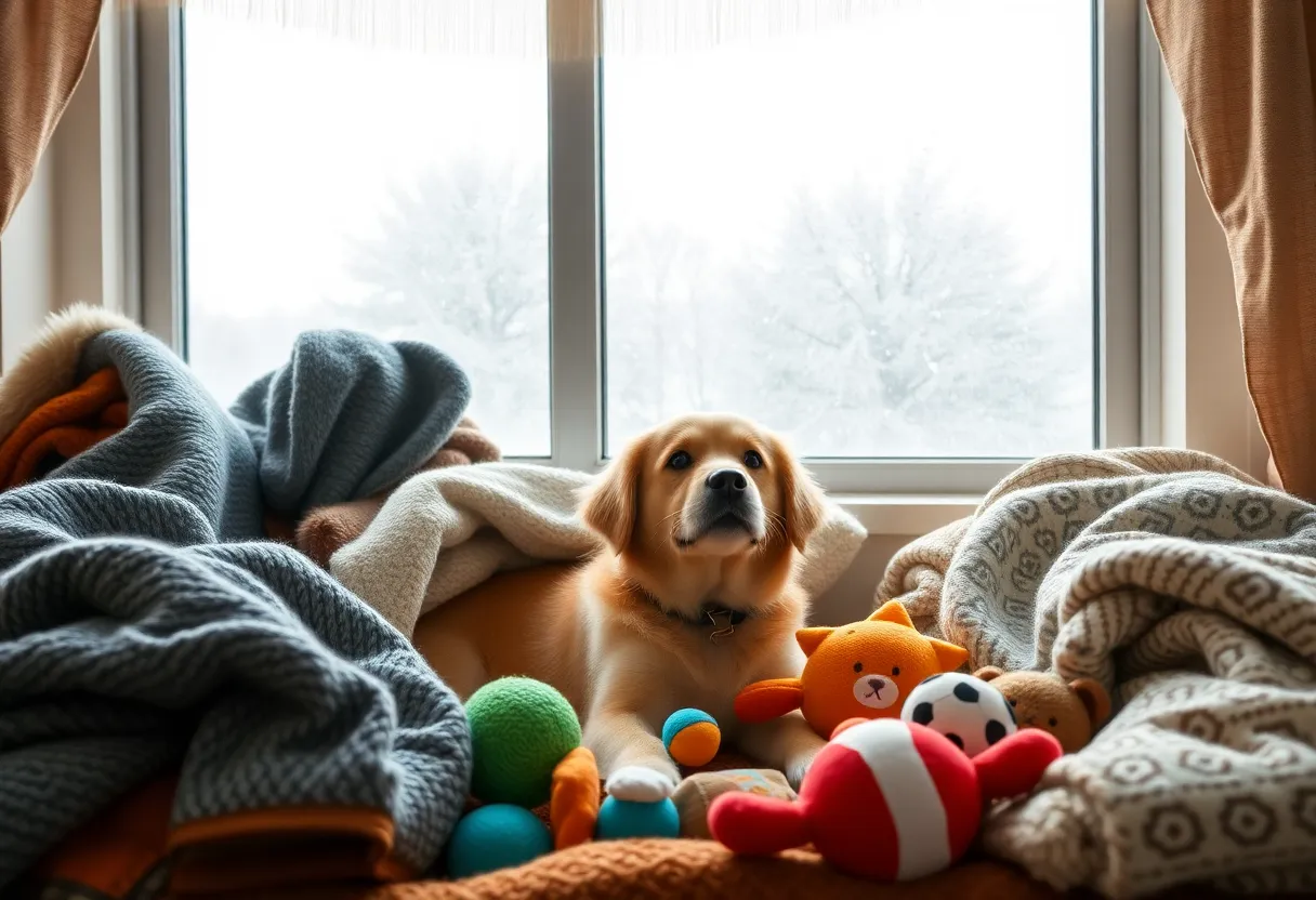 A pet snuggling in a warm environment while stormy weather is visible outside the window.