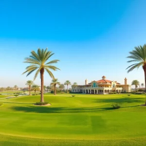 Lush green golf course in Dubai under sunny skies