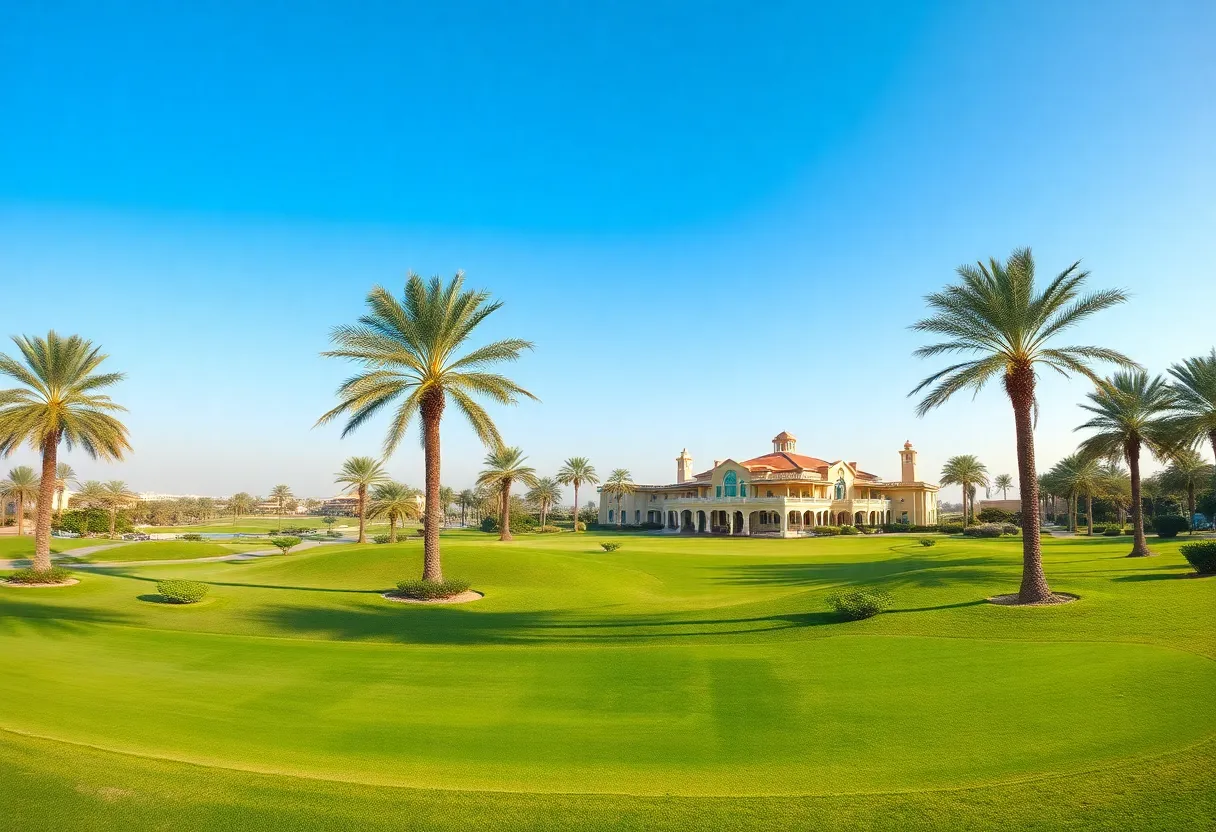 Lush green golf course in Dubai under sunny skies