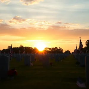 A beautiful military cemetery at sunset with flowers and flags.