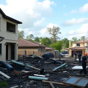 Scene depicting the destruction caused by a fire in Orlando after Hurricane Milton