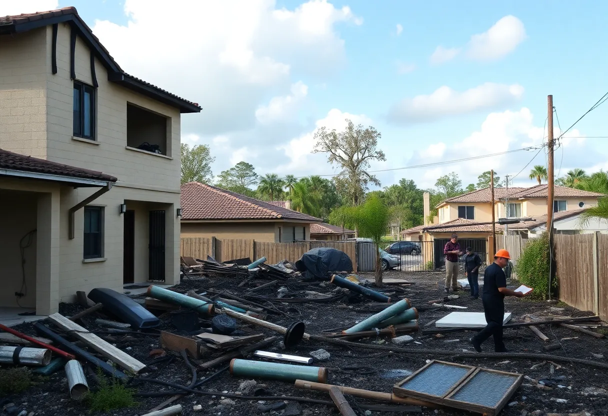 Scene depicting the destruction caused by a fire in Orlando after Hurricane Milton