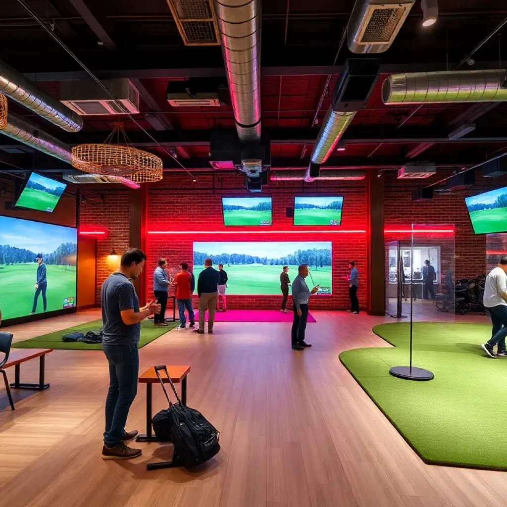 Interior view of Five Iron Golf indoor facility with simulators and social areas