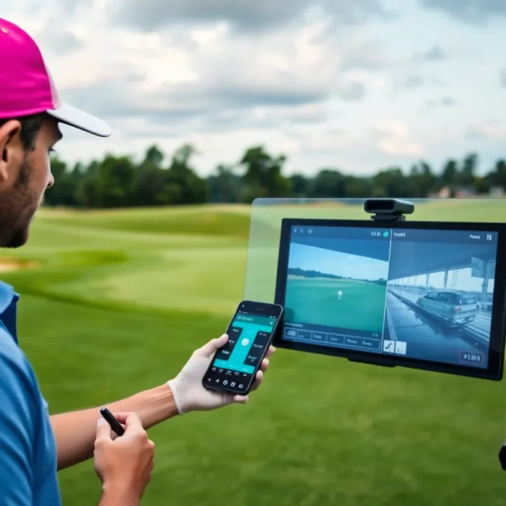 A golfer interacting with FlightScope's augmented reality golf technology.