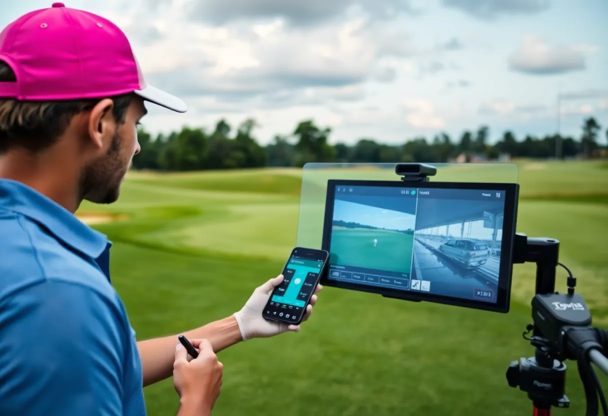 A golfer interacting with FlightScope's augmented reality golf technology.