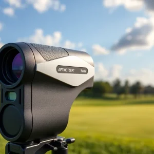 FlightScope i4 Laser Rangefinder displayed on a golf course