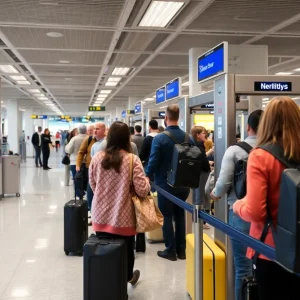 Travelers at airport security checkpoint in Florida