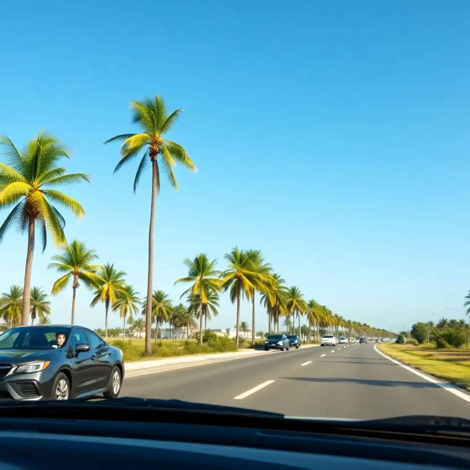 Sunny Florida roads with palm trees and clear skies