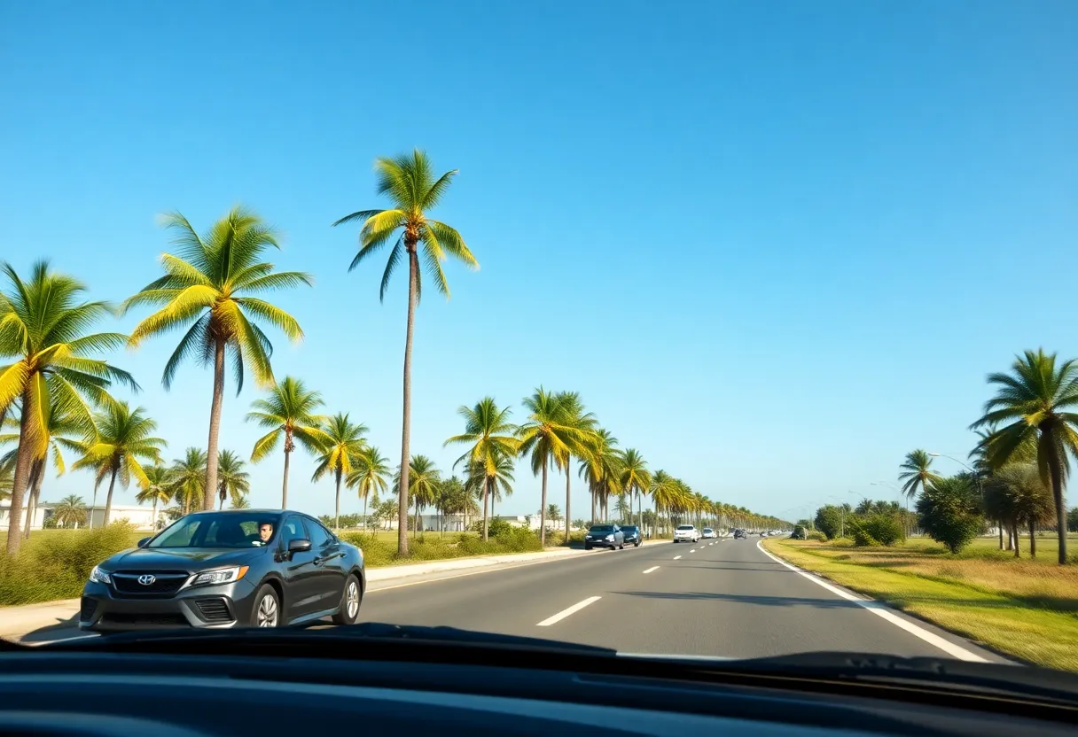 Sunny Florida roads with palm trees and clear skies