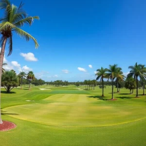 A beautiful golf course in Florida with palm trees and clear sky