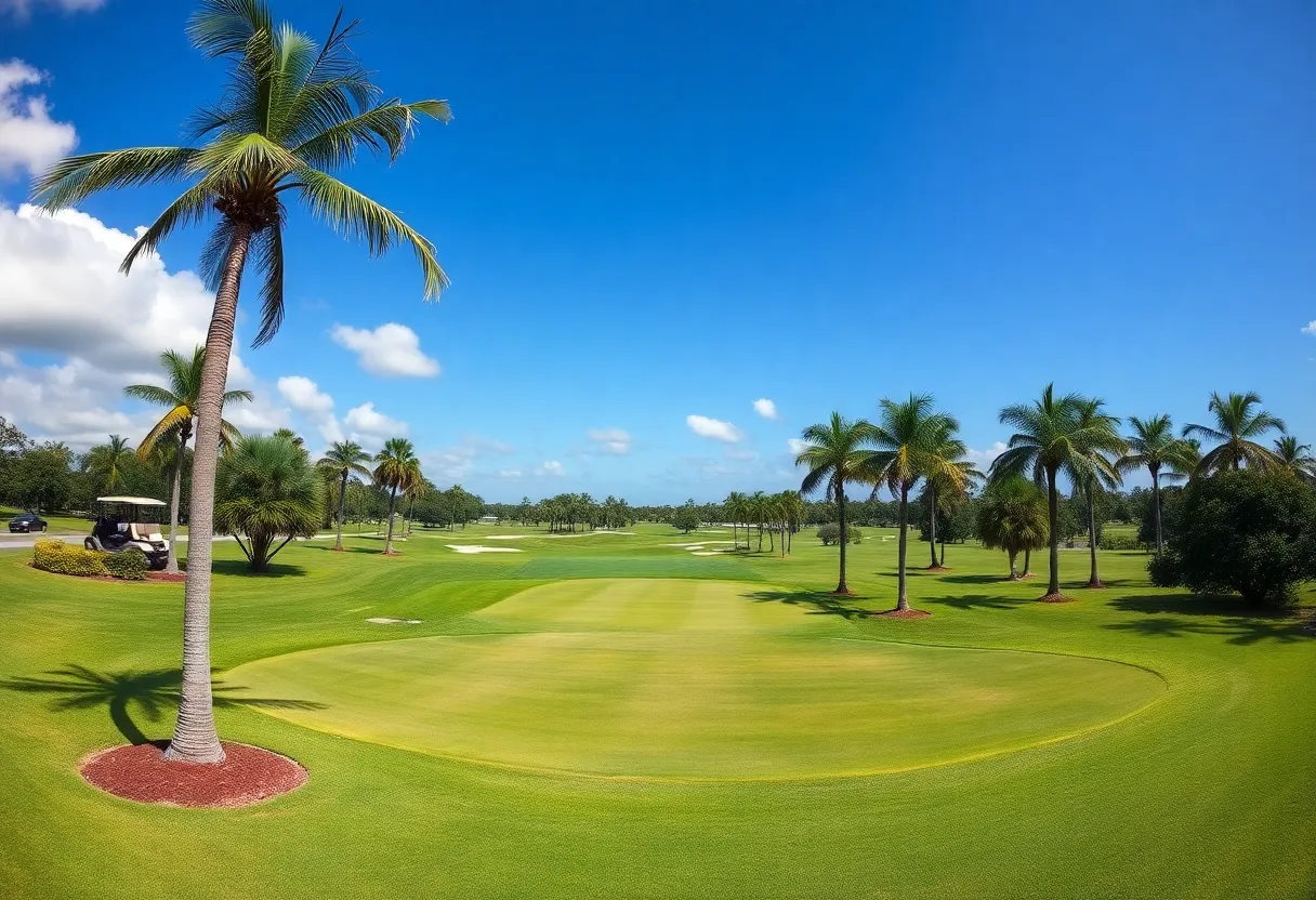 A beautiful golf course in Florida with palm trees and clear sky