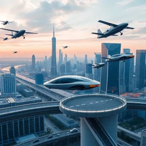 Concept image of flying cars and a vertiport in a modern city