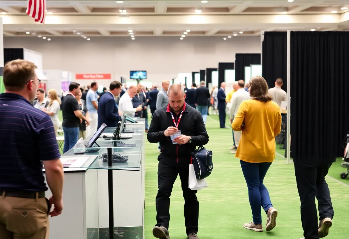 Attendees at the GCSAA Conference engaged in discussions at trade show exhibits.