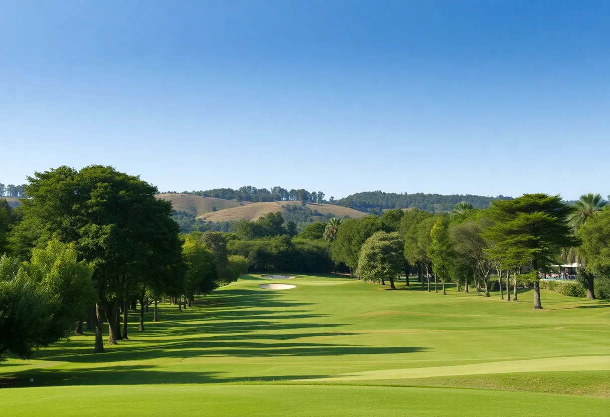 A tranquil golf course at sunset