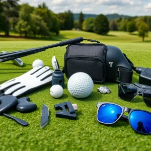 Display of various 2025 golf accessories on a golf course.