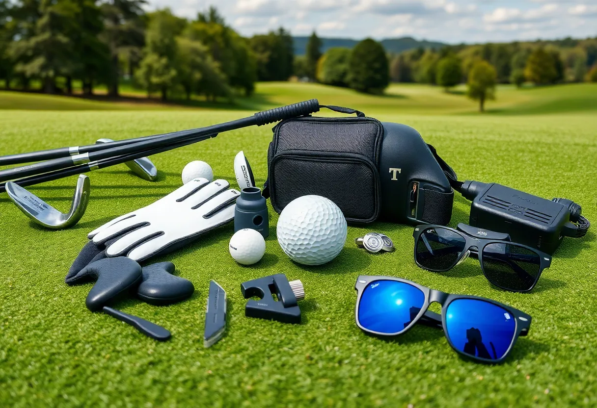 Display of various 2025 golf accessories on a golf course.