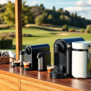 Golfers relaxing with coffee at a golf clubhouse