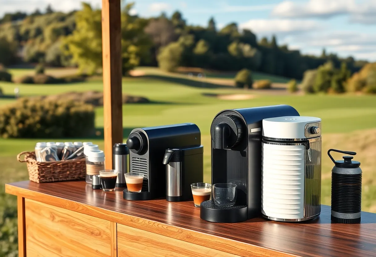 Golfers relaxing with coffee at a golf clubhouse