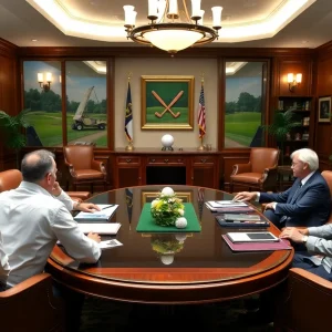 Golf players discussing strategy on a scenic course