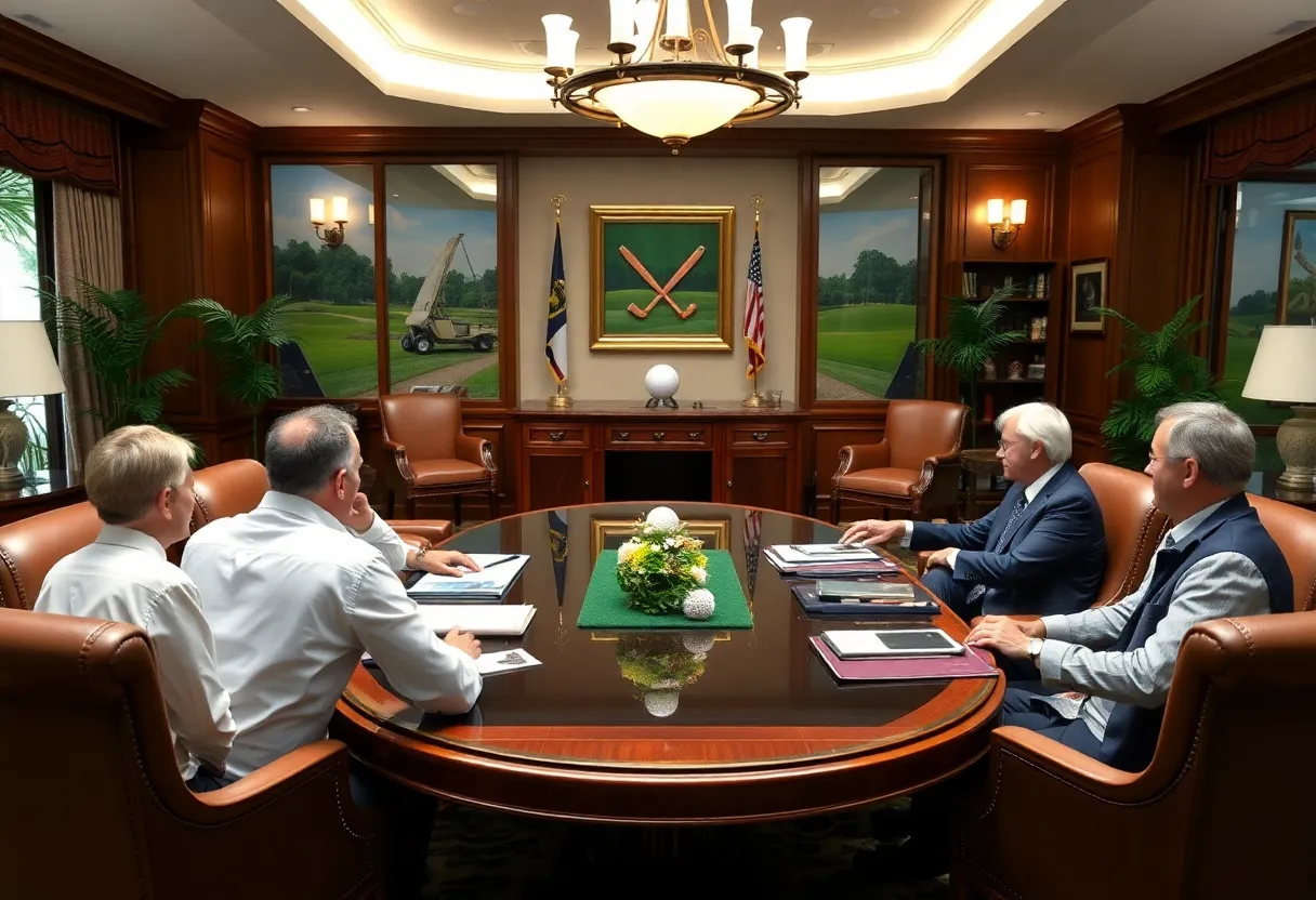 Golf players discussing strategy on a scenic course