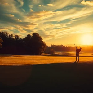 Scenic view of a golf course at sunrise with a golfer